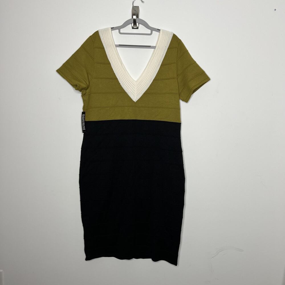 New‎ York & Co Knit Dress Womens 2XL Green Black Colorblock Deep V Short Sleeve